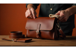 Leather bag, wallet, and belt being smoothed to remove wrinkles