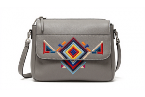 Grey Faux Leather Geometric Embroidered Crossbody Bag for Women with Adjustable Shoulder Strap