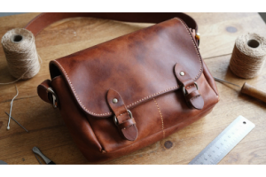 Handmade leather messenger bag being crafted step by step using DIY leather tools