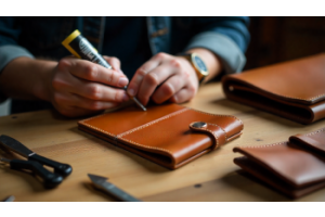Person gluing a leather wallet and bag with adhesive, demonstrating DIY leather repair and crafting techniques