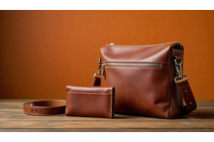 “Genuine leather products including a bag, wallet, cross bag, and belt showing natural texture, grain, and edges