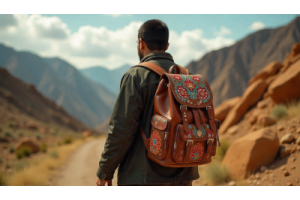 Hunza-inspired handcrafted leather backpack with traditional embroidery