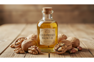 Cold Pressed Walnut Oil – Pure Natural Healthy Seed Oil in Glass Bottle with Walnuts Background
