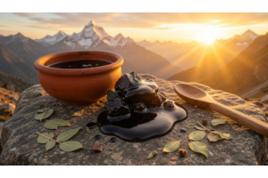 Pure Himalayan Shilajit (Salajeet) resin in natural form with Himalayan mountain background