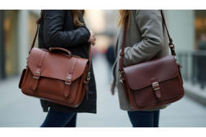 “Comparison of a stylish satchel and a messenger bag side by side, showing differences in size, shape, and carrying style.”