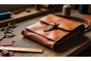 Handmade leather bag in progress with tools and materials for DIY crafting