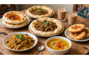 Traditional foods of Hunza Valley including Chapshuro, Diram Phitti, Harissa, Gyal, Tumuro Chai, Apricot Soup, and Khista