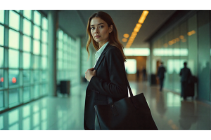 Stylish traveler carrying a sleek travel tote while walking through an airport, showcasing a practical, fashionable, and organized travel look.