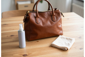 Young woman holding a stylish leather handbag outdoors, highlighting waterproof protection and leather care.