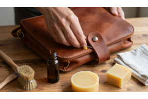 Close-up of a handmade leather bag being treated with oil and wax, showing the process of hardening leather for crafting durable and professional accessories.