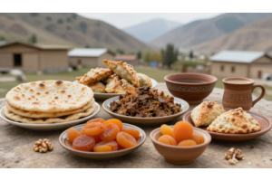 Hunza traditional food featuring Diram Phitti bread, Chapshuro, apricots, walnuts, butter tea, and organic mountain dishes