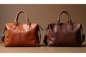Handmade leather bag next to factory-made leather bag showing craftsmanship, quality, and design differences