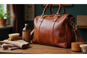Stylish leather bag with leather care items showing expert cleaning and maintenance tips