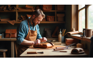 A British leather artisan handcrafting a leather bag in a workshop filled with traditional tools and materials