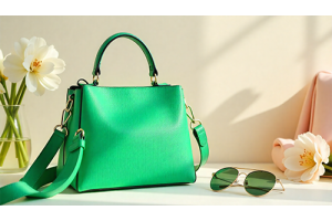 Green leather handbag styled for spring outfit, showcasing elegance and versatility.