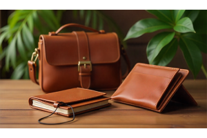 Vegetable-tanned leather wallet, handbag, and journal displayed on wooden surface, showcasing craftsmanship and sustainability