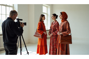 Behind the scenes of a slow fashion photoshoot featuring Hunza women in traditional attire and cultural caps holding handcrafted leather bags