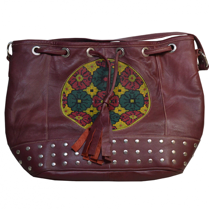 HANDCRAFTED EMBROIDERED LEATHER BOHO BAG WITH EMBELLISHMENTS BY HLNT
