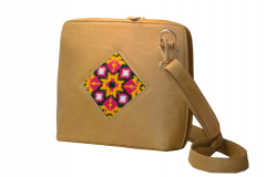 Handcrafted Tan Leather Sling Bag with Colorful Tribal Embroidery – Ethnic Boho Crossbody Purse Handcrafted Tan Leather Sling Bag with Colorful Tribal 2500