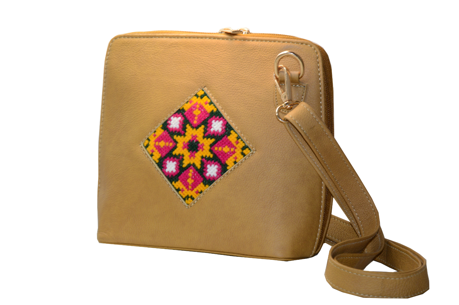 Handcrafted Tan Leather Sling Bag with Colorful Tribal Embroidery