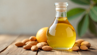  Pure almond oil in a glass bottle with raw almonds, highlighting natural skincare and hair care benefits