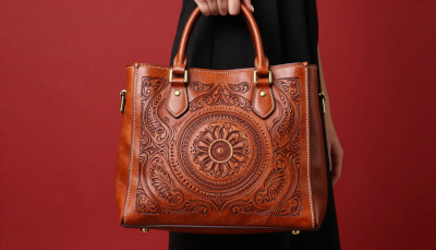 Woman holding a handmade leather bag with intricate engraved design, showcasing custom leather engraving on handmade bags and accessories.