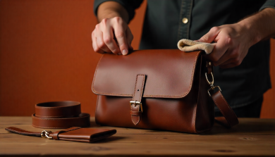 Leather bag, wallet, and belt being smoothed to remove wrinkles