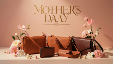 Mother’s Day leather gift collection featuring bags, wallets, and handbags