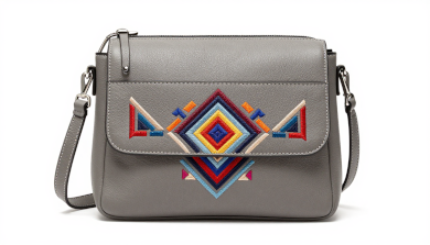 Grey Faux Leather Geometric Embroidered Crossbody Bag for Women with Adjustable Shoulder Strap