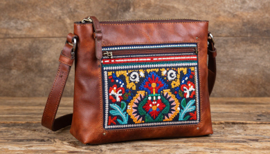 Handmade Leather Embroidered Crossbody Bag with Boho Artisan Design