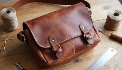 Handmade leather messenger bag being crafted step by step using DIY leather tools