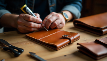 Person gluing a leather wallet and bag with adhesive, demonstrating DIY leather repair and crafting techniques