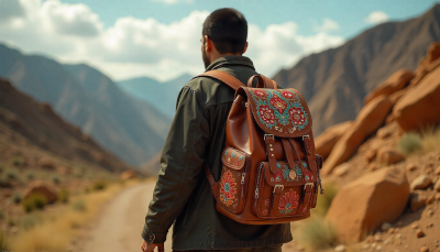 Hunza-inspired handcrafted leather backpack with traditional embroidery