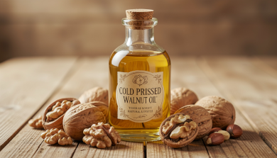 Cold Pressed Walnut Oil – Pure Natural Healthy Seed Oil in Glass Bottle with Walnuts Background