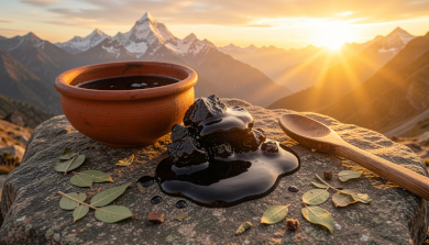 Pure Himalayan Shilajit (Salajeet) resin in natural form with Himalayan mountain background