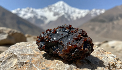 “High-quality Salajeet resin on rock with Himalayan mountains in Pakistan, dark sticky texture, natural sunlight highlighting resin, close-up view of authentic Shilajit”