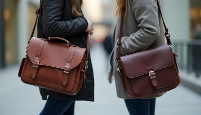 “Comparison of a stylish satchel and a messenger bag side by side, showing differences in size, shape, and carrying style.”