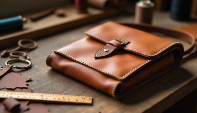 Handmade leather bag in progress with tools and materials for DIY crafting