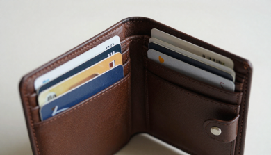 Slim minimalist leather wallet with essential cards arranged neatly for a sleek everyday carry