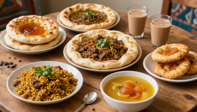 Traditional foods of Hunza Valley including Chapshuro, Diram Phitti, Harissa, Gyal, Tumuro Chai, Apricot Soup, and Khista