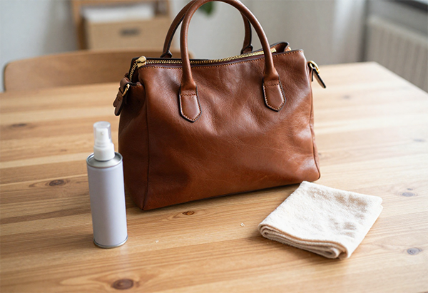Young woman holding a stylish leather handbag outdoors, highlighting waterproof protection and leather care.