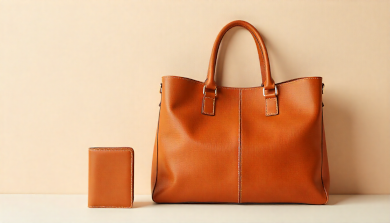 Luxury cognac leather bag and wallet showcasing rich colour and elegant design