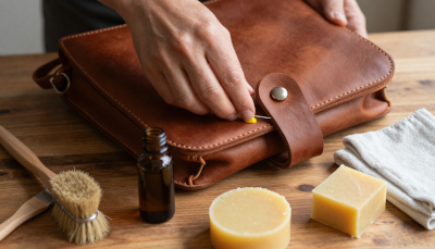 Close-up of a handmade leather bag being treated with oil and wax, showing the process of hardening leather for crafting durable and professional accessories.