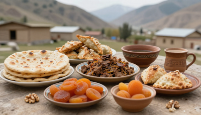 Hunza traditional food featuring Diram Phitti bread, Chapshuro, apricots, walnuts, butter tea, and organic mountain dishes