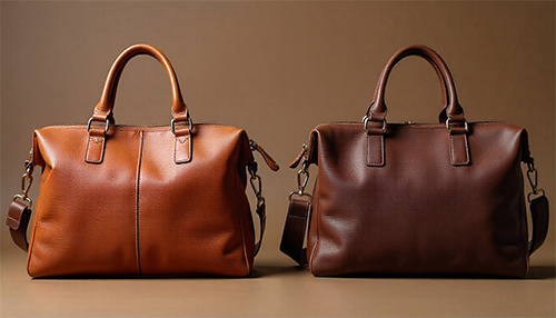 Handmade leather bag next to factory-made leather bag showing craftsmanship, quality, and design differences