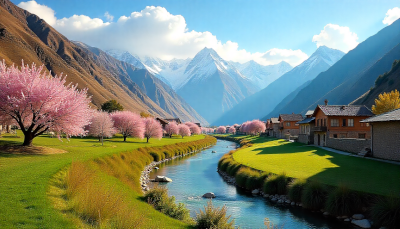 Hunza Valley showing spring blossoms, green summer landscapes, and golden autumn foliage with snow-capped mountains in the background