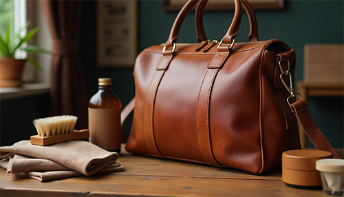 Stylish leather bag with leather care items showing expert cleaning and maintenance tips