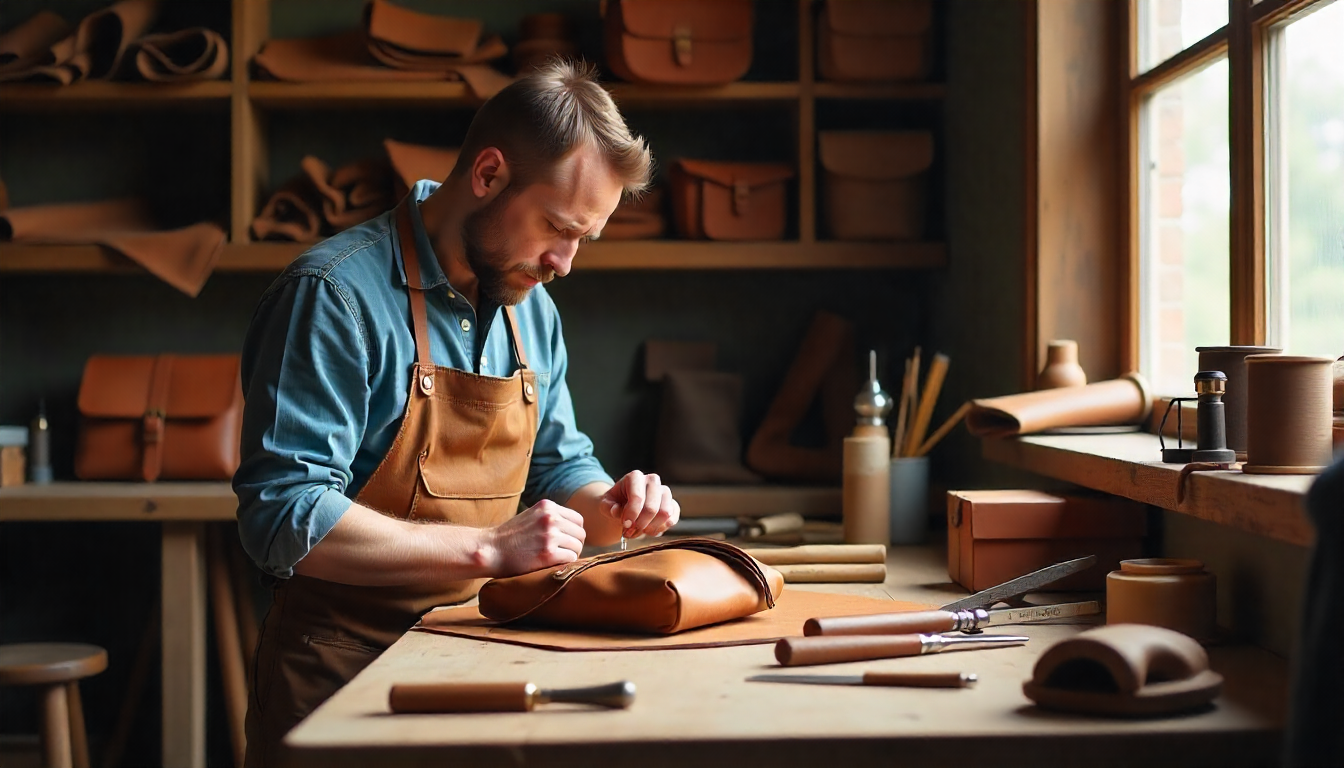 A British leather artisan handcrafting a leather bag in a workshop filled with traditional tools and materials