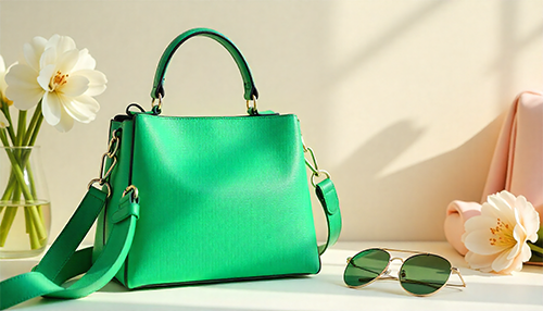 Green leather handbag styled for spring outfit, showcasing elegance and versatility.
