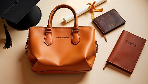 Handcrafted leather graduation gifts from HimalayanBits including a tan handbag, personalized wallet, and journal, styled with graduation cap and diploma